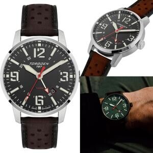 TORGOEN T57 TN-1289U Black GMT Sapphire 41mm Dark Brown Leather New